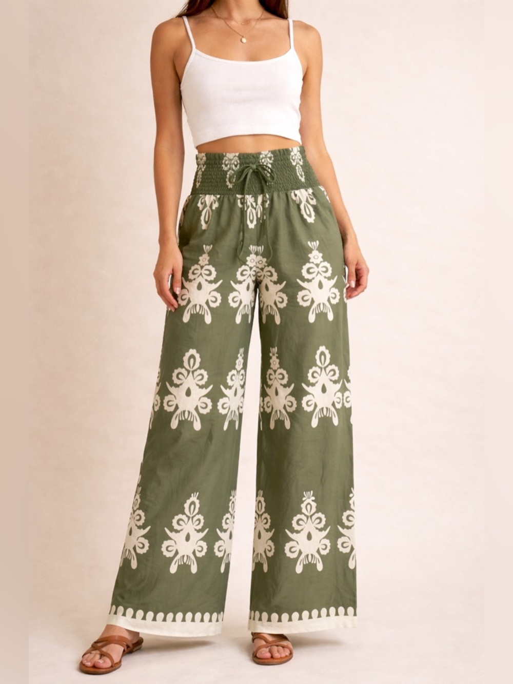 Boho Green & White Smocked Waist Palazzo Pants Wide Leg Flowy M